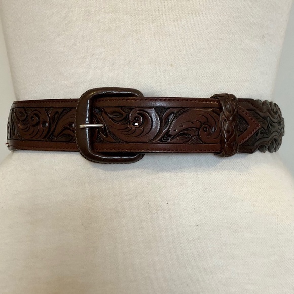 Brown Vintage Tooled/Braided Mexican Leather Belt - Picture 1 of 13